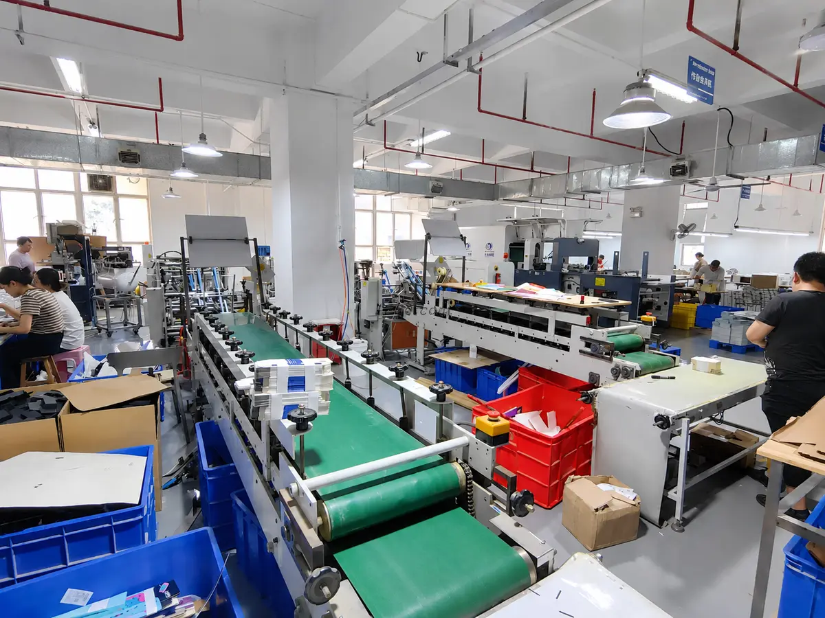 Production team operating packaging workshop equipment