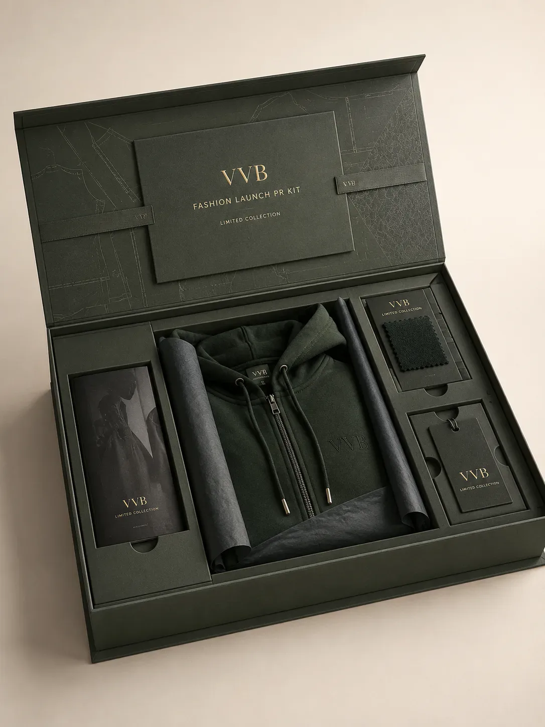 Fashion launch PR kit with apparel accessories and multi-compartment insert.