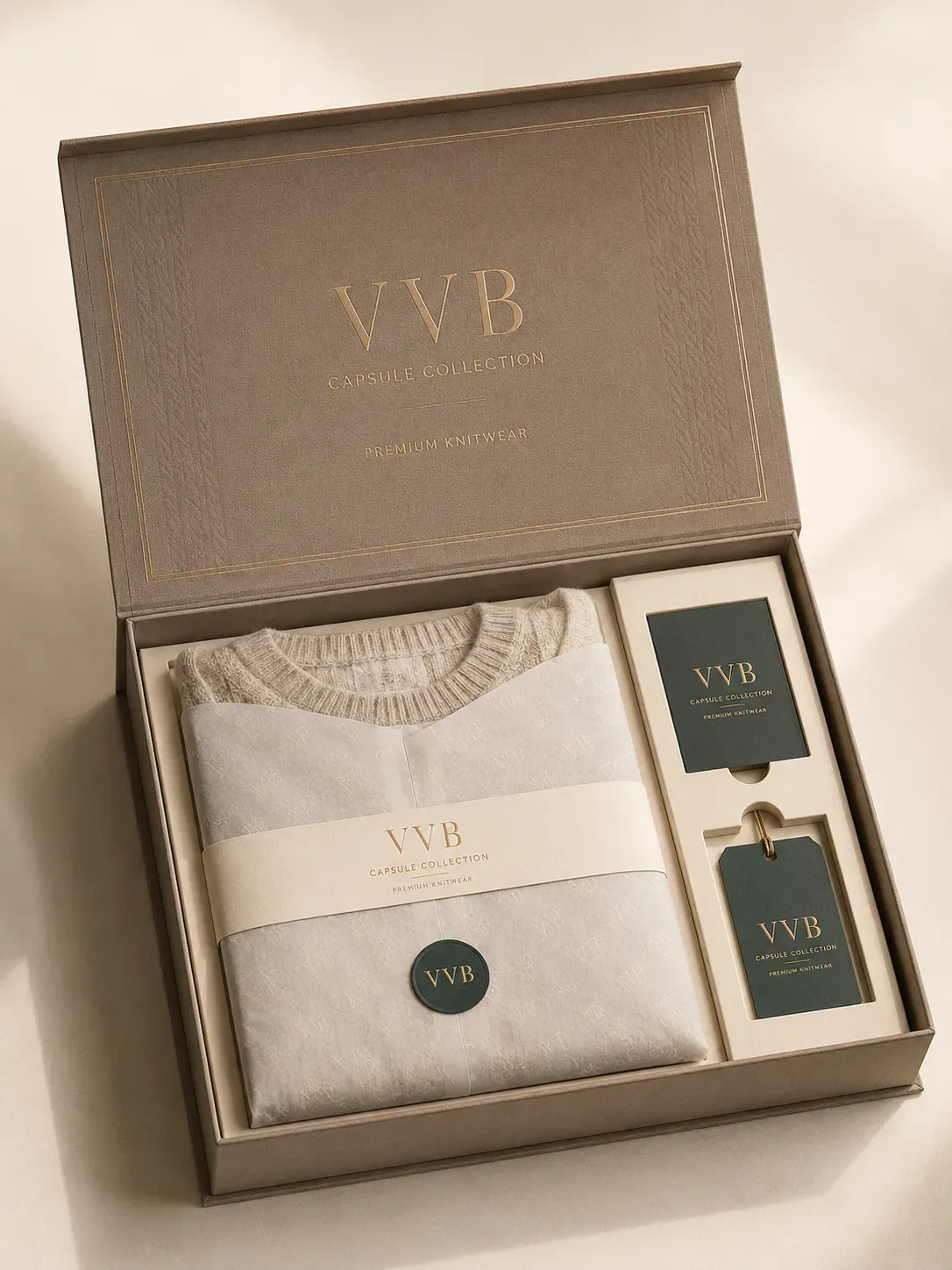 Retail capsule apparel box with folded garments and branded tissue.