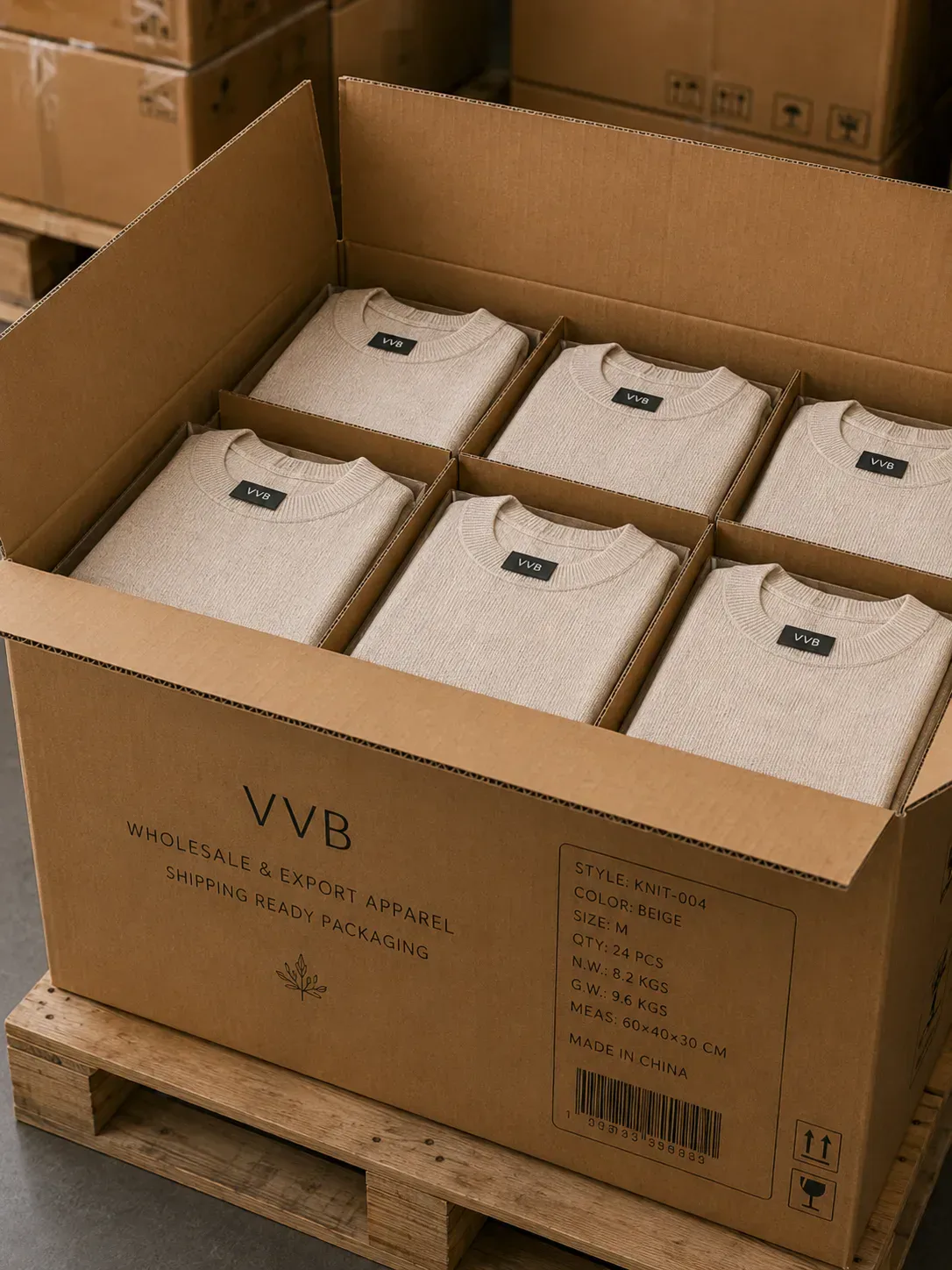 Bulk export apparel packaging with cartons and pallet packing.