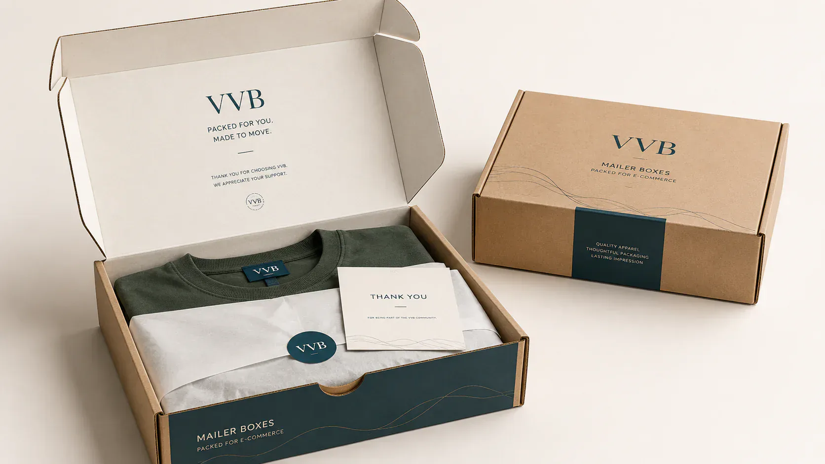 Mailer boxes for e-commerce apparel packaging.