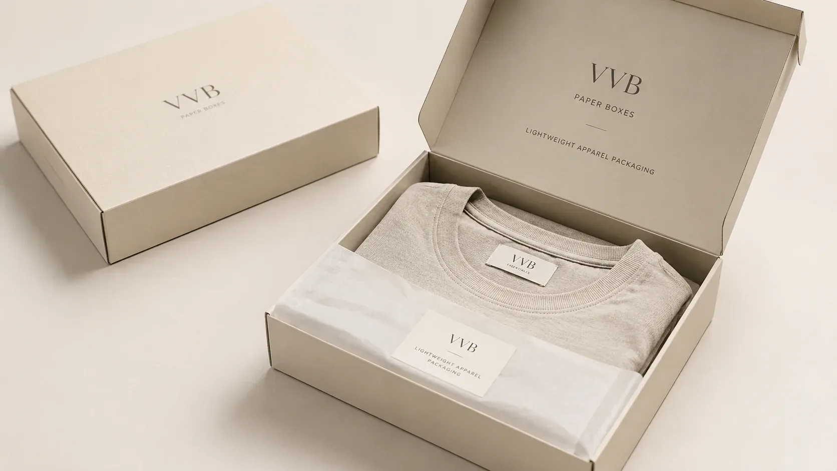 Paper boxes for apparel packaging and folded garments.