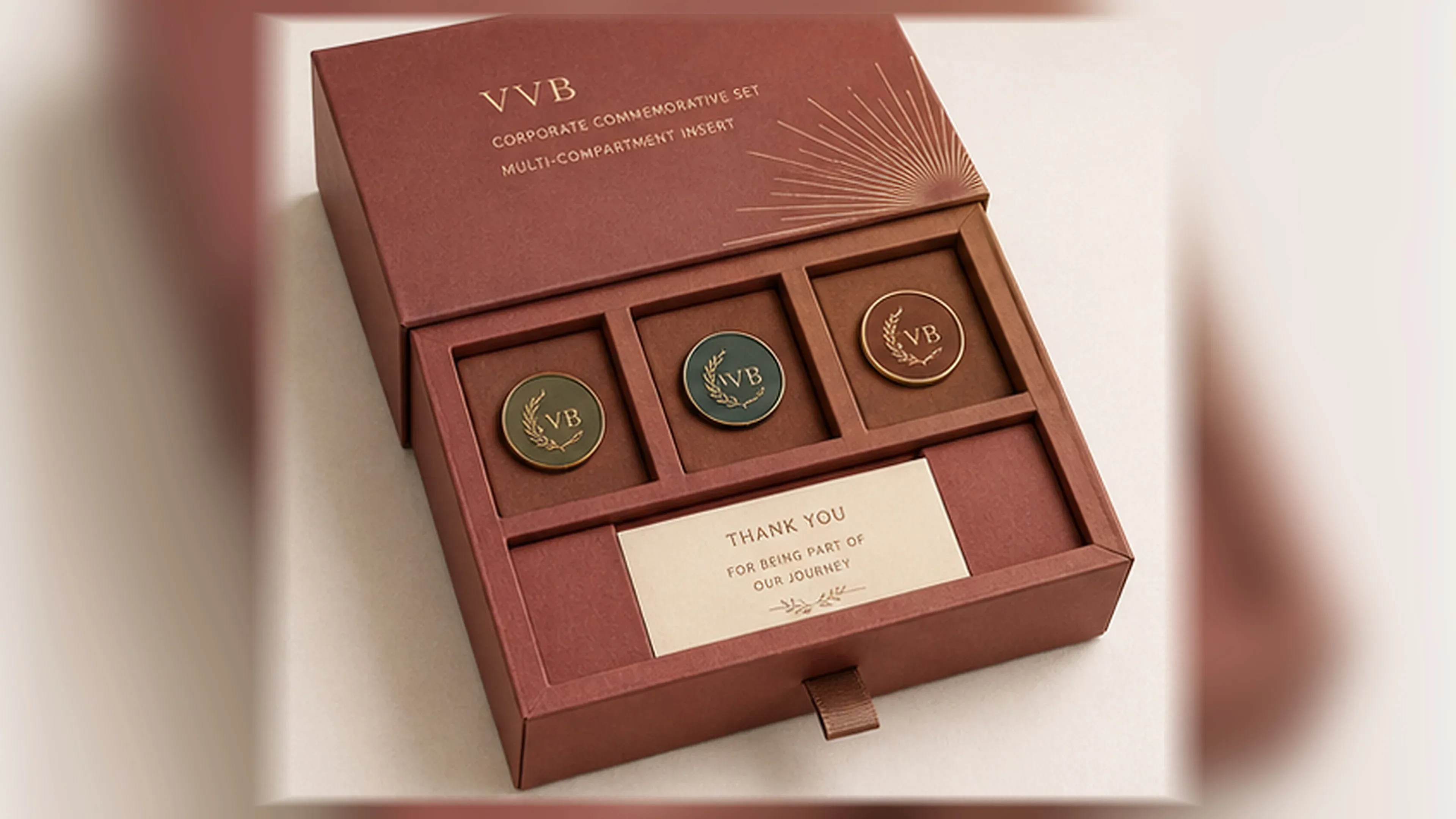 Multi-compartment insert for corporate gift boxes.