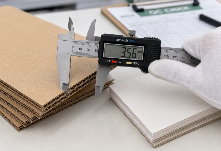 Material inspection for custom paper packaging board thickness and paper quality.