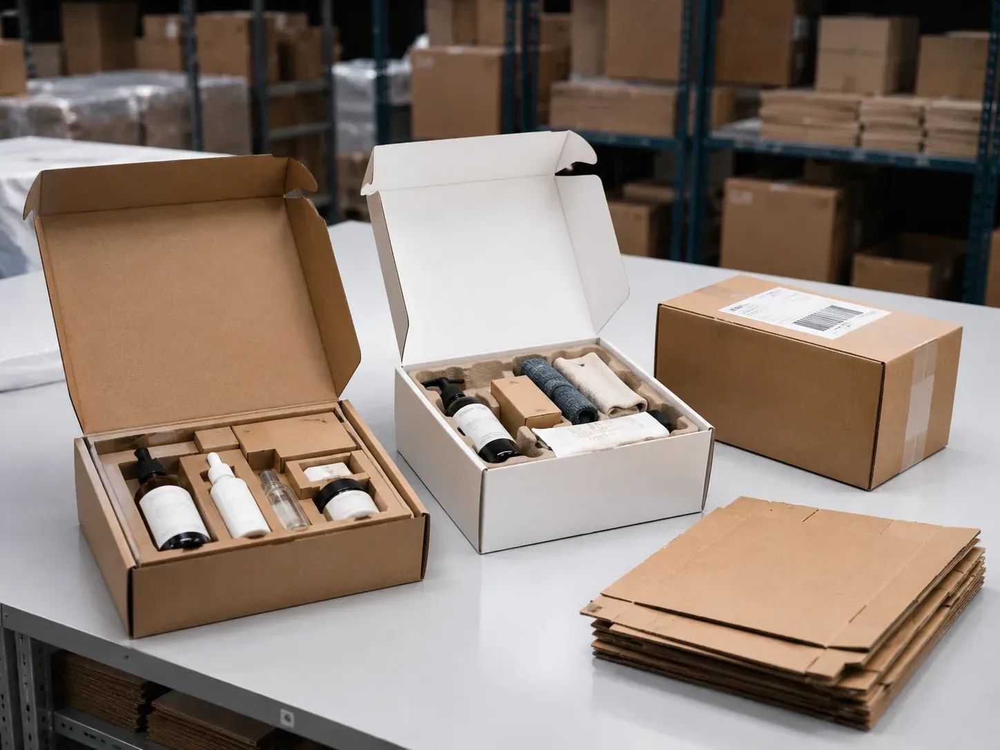 Protective mailers, fitted inserts and shipping cartons prepared for warehouse handling.