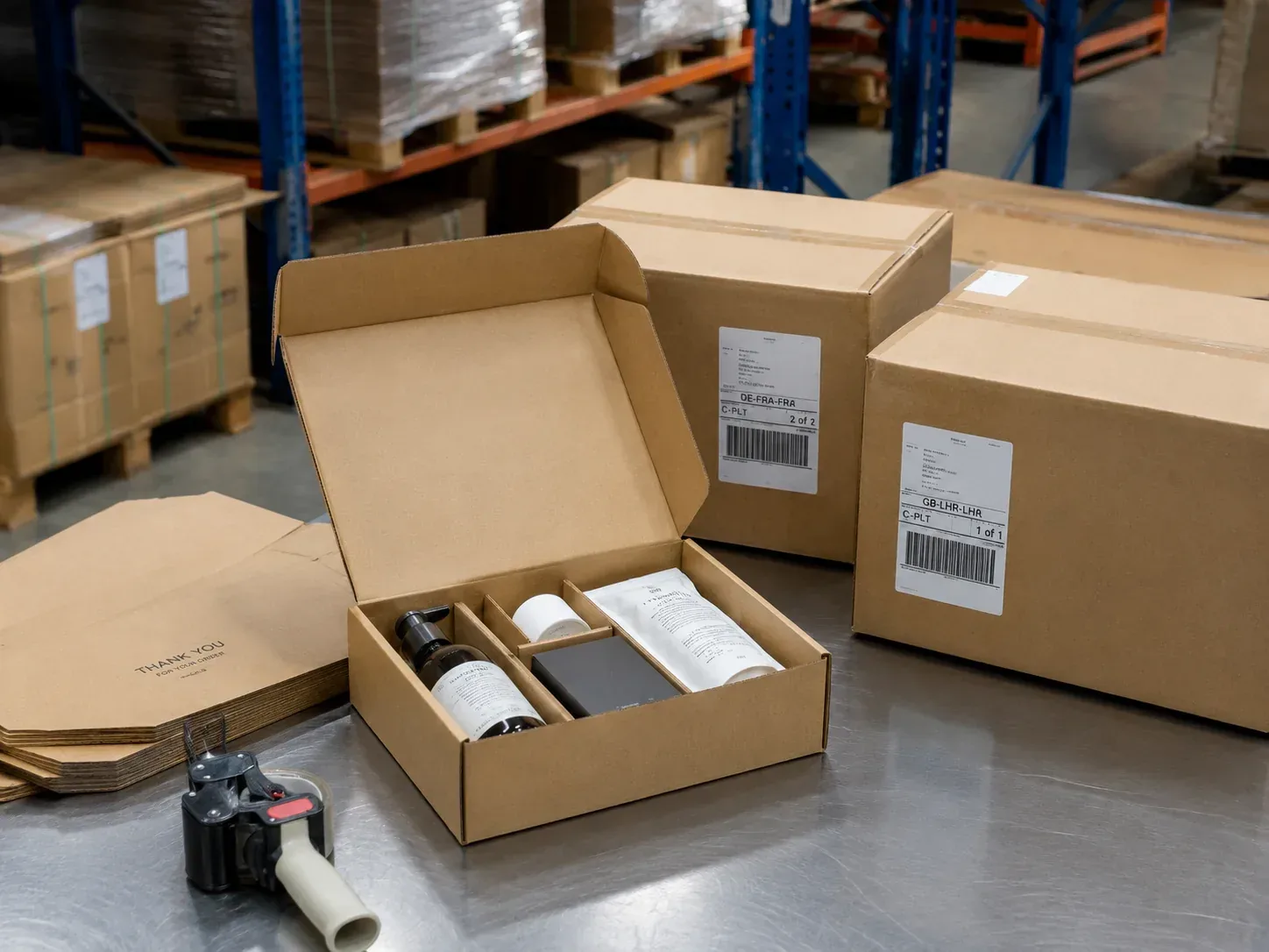 Right-sized e-commerce pack-out with fitted dividers and shipping cartons.