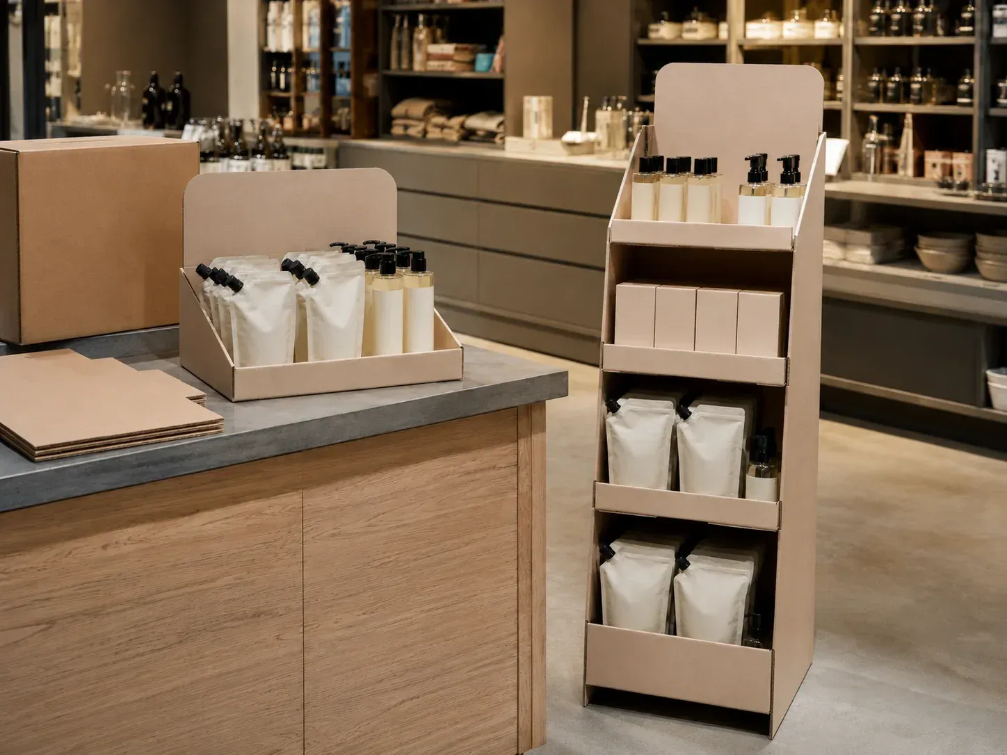 Display-ready packaging shown across retail counter, floor and shipping formats.