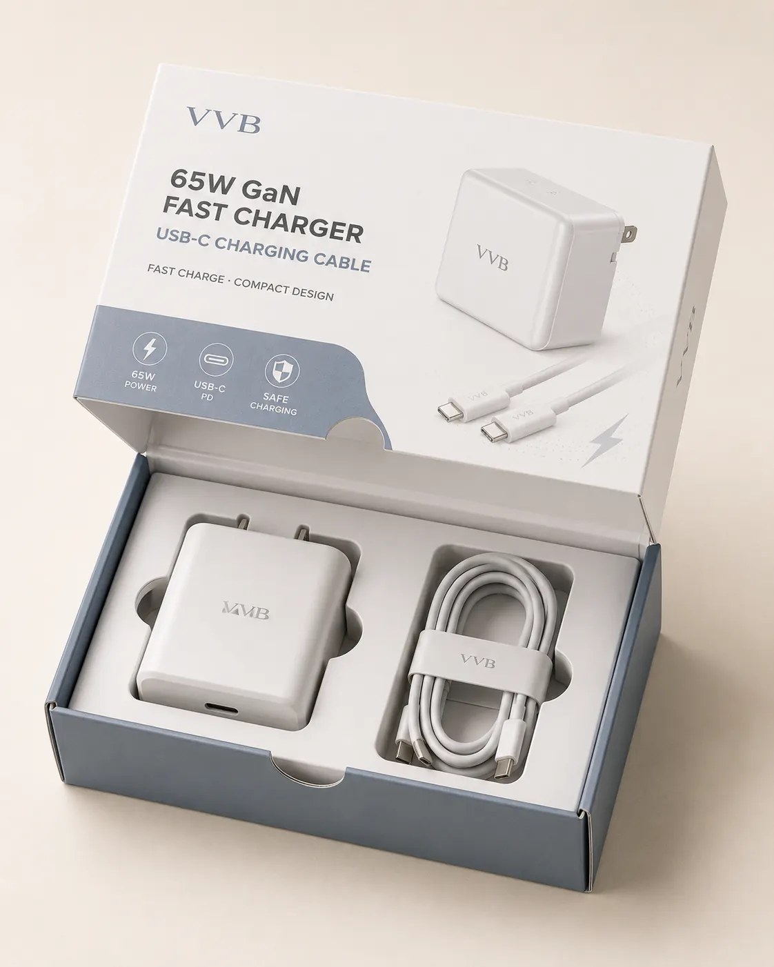 Charger and cable set organized in a presentation box.
