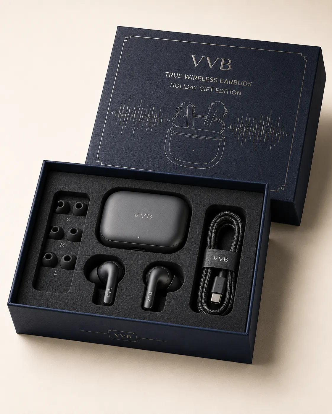 Earbuds and charging accessories arranged in a fitted insert.