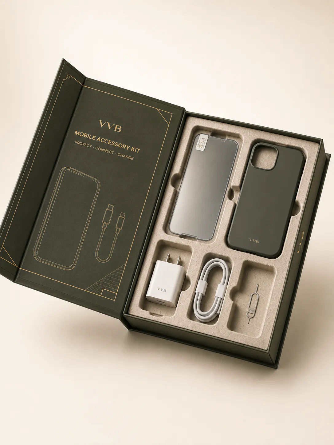 Phone accessory kit arranged in a protective insert.