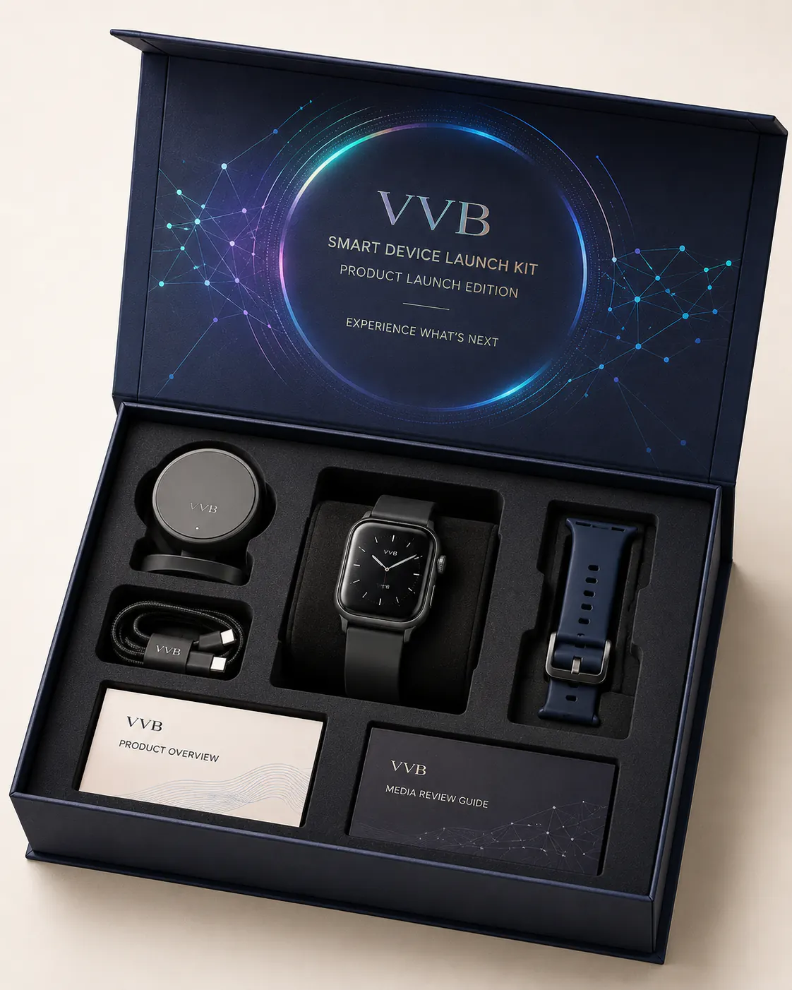 Smart device launch kit organized in a rigid presentation box.