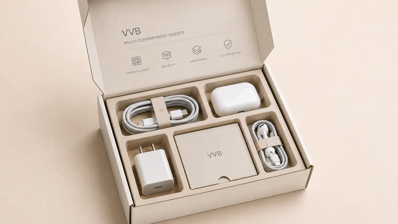 Multi-compartment insert for devices cables and adapters.