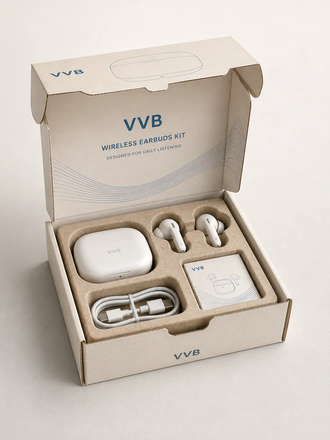 VVB wireless earbuds e-commerce packaging with a molded protective insert.