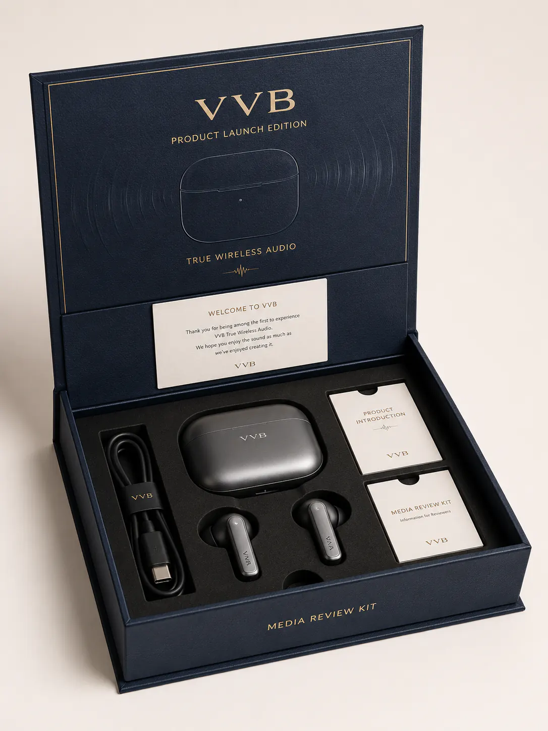 VVB product launch media review kit organized in a premium rigid box.