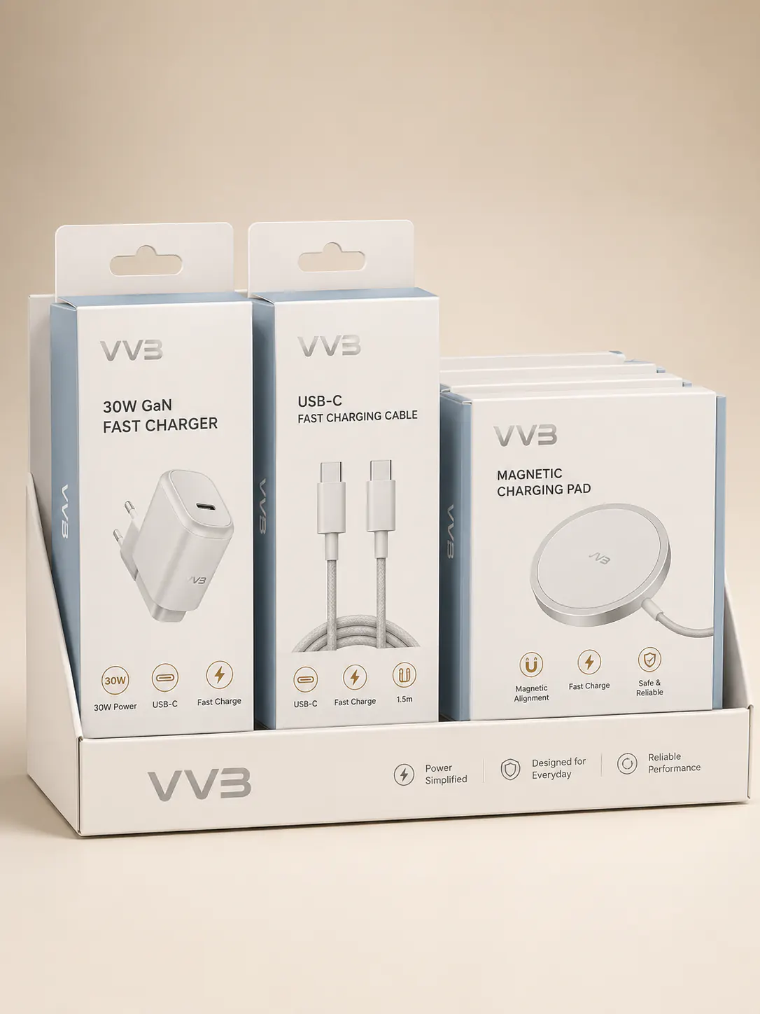 VVB retail display packaging for chargers, cables and wireless charging pads.