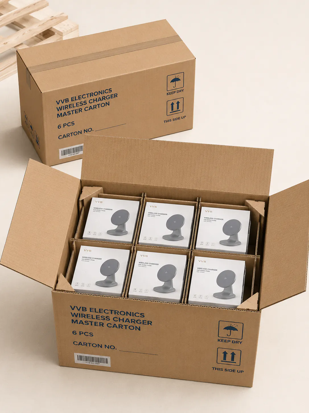 VVB wholesale electronics packaging packed in divided export master cartons.