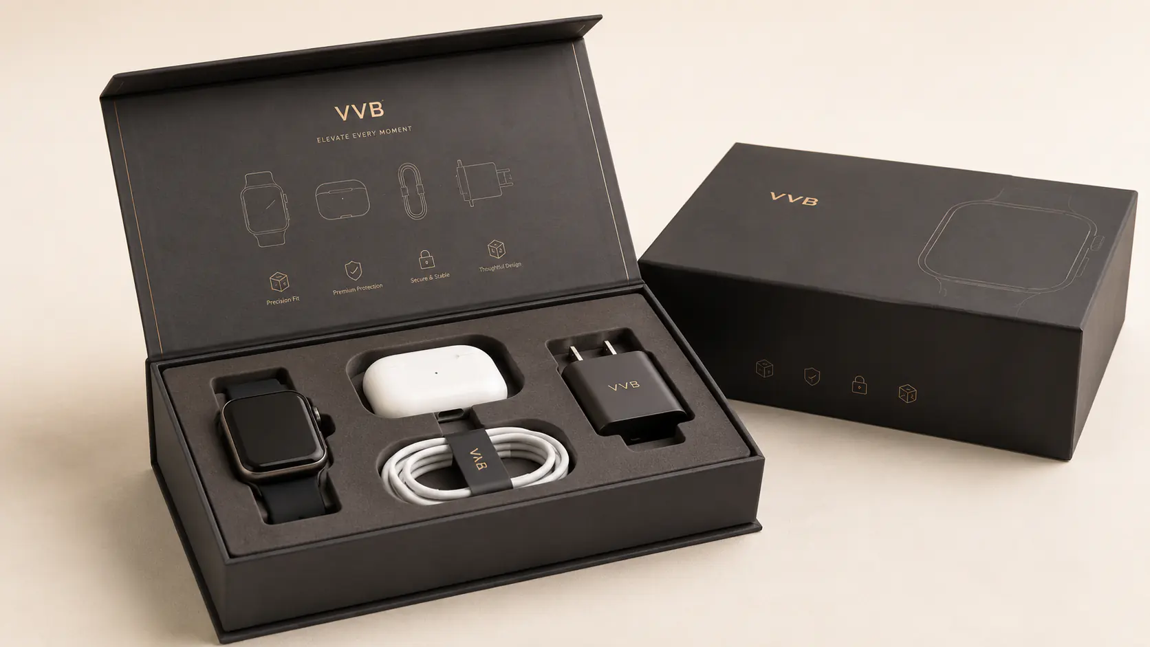 Rigid presentation boxes for electronics launch kits.