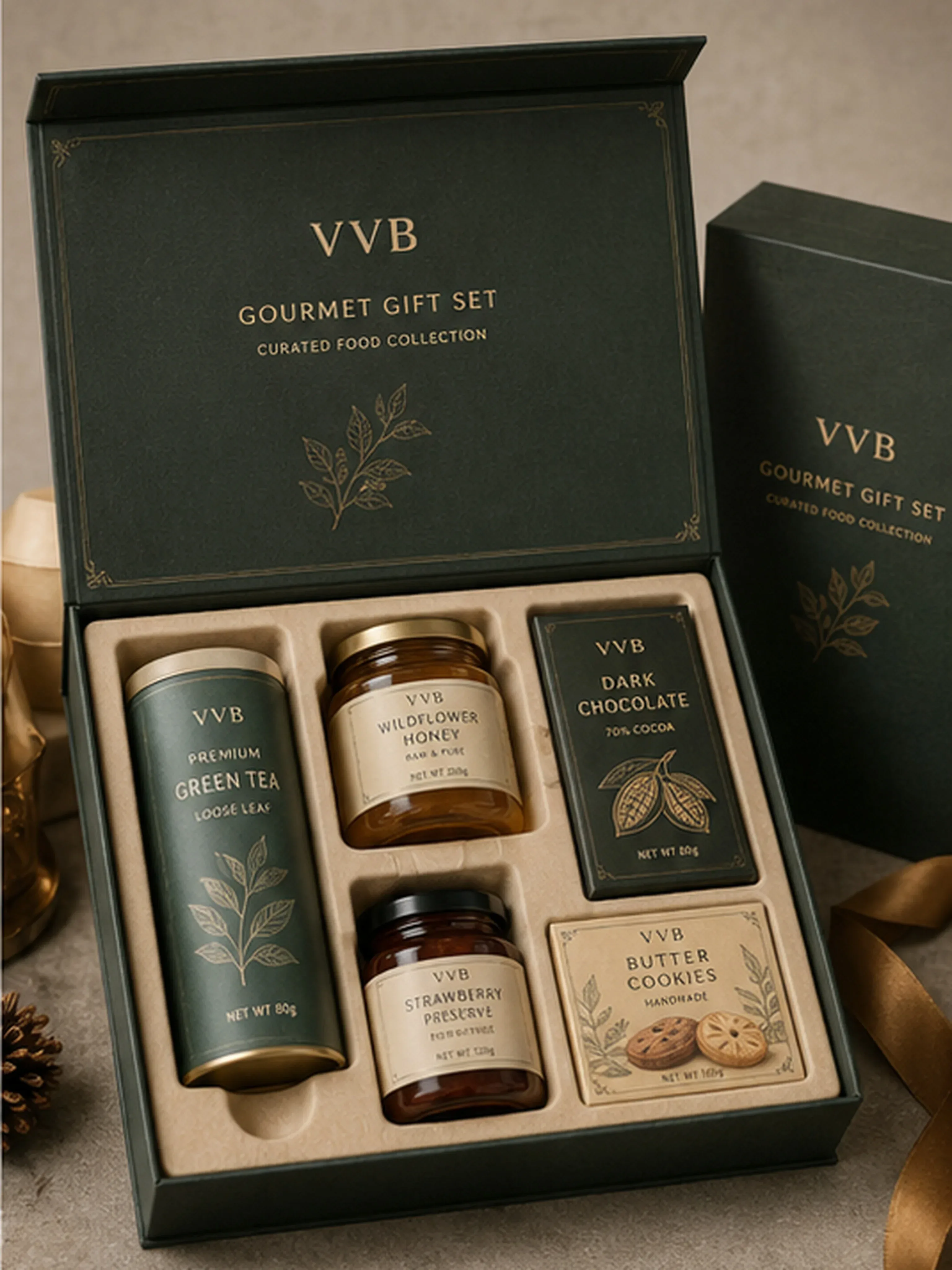 Curated gourmet food gift set packaging with protective insert layout.