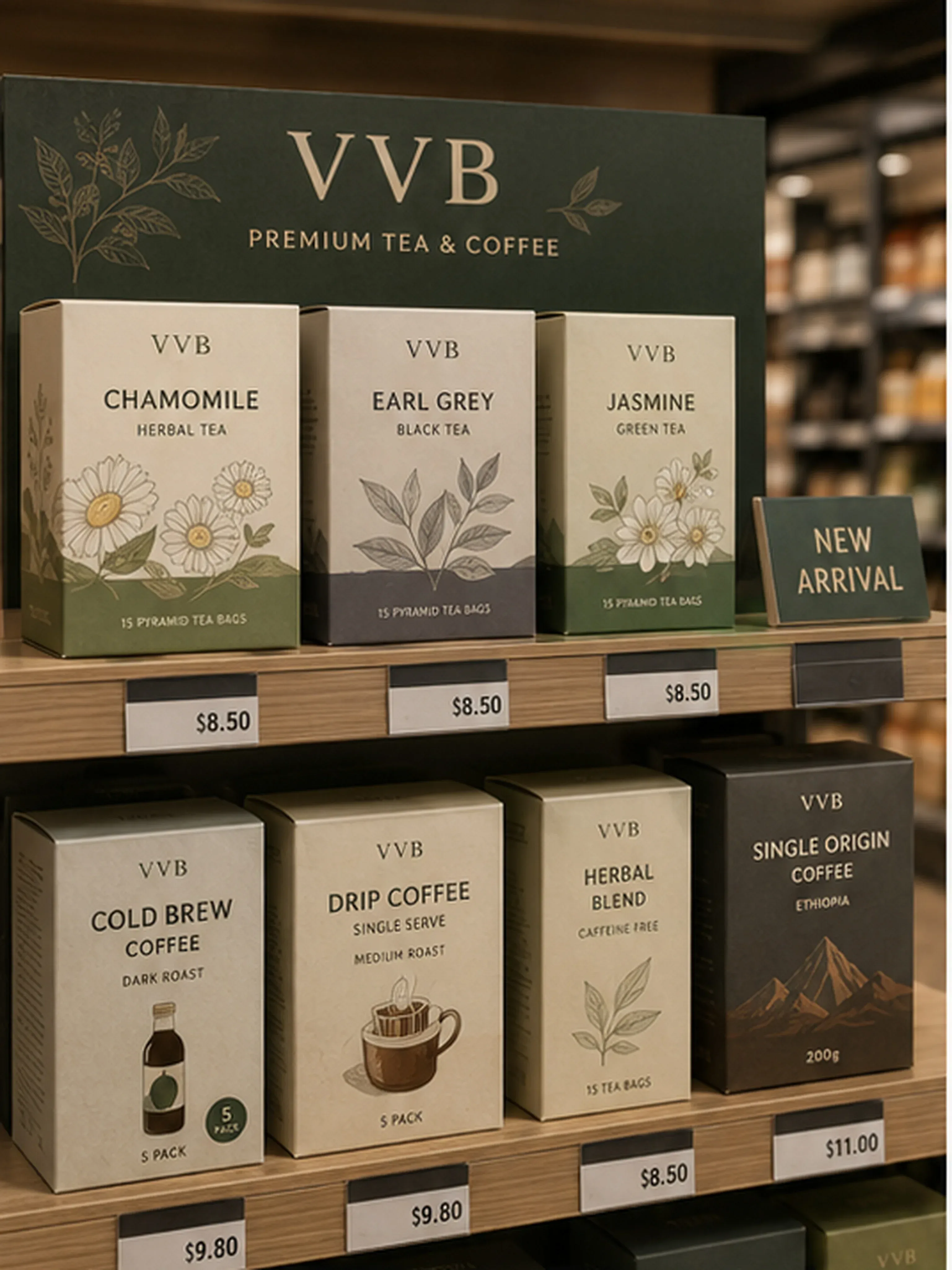 Retail tea and coffee packaging program with printed cartons and shelf-ready boxes.
