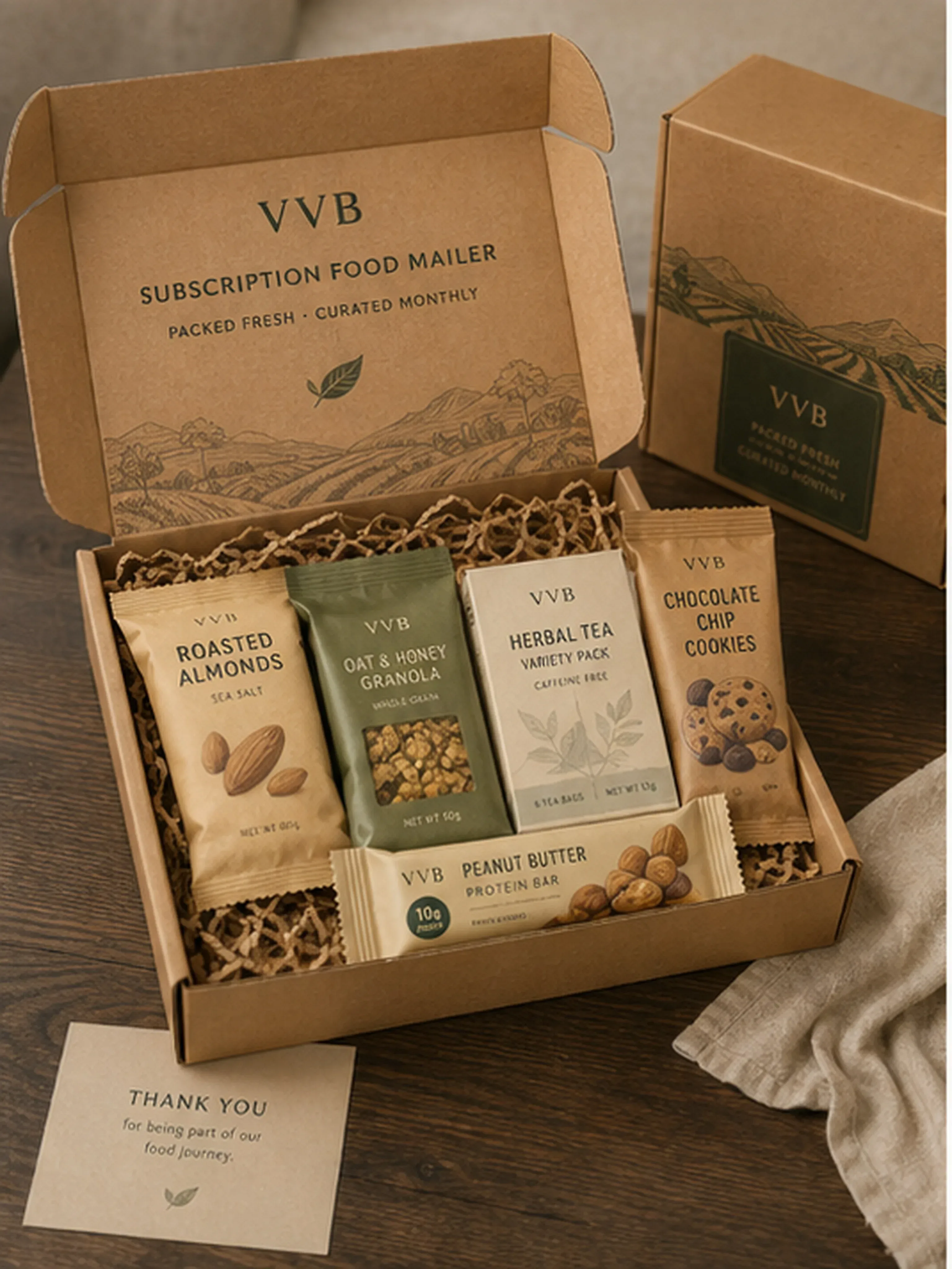 Subscription food mailer box with branded print and insert support.