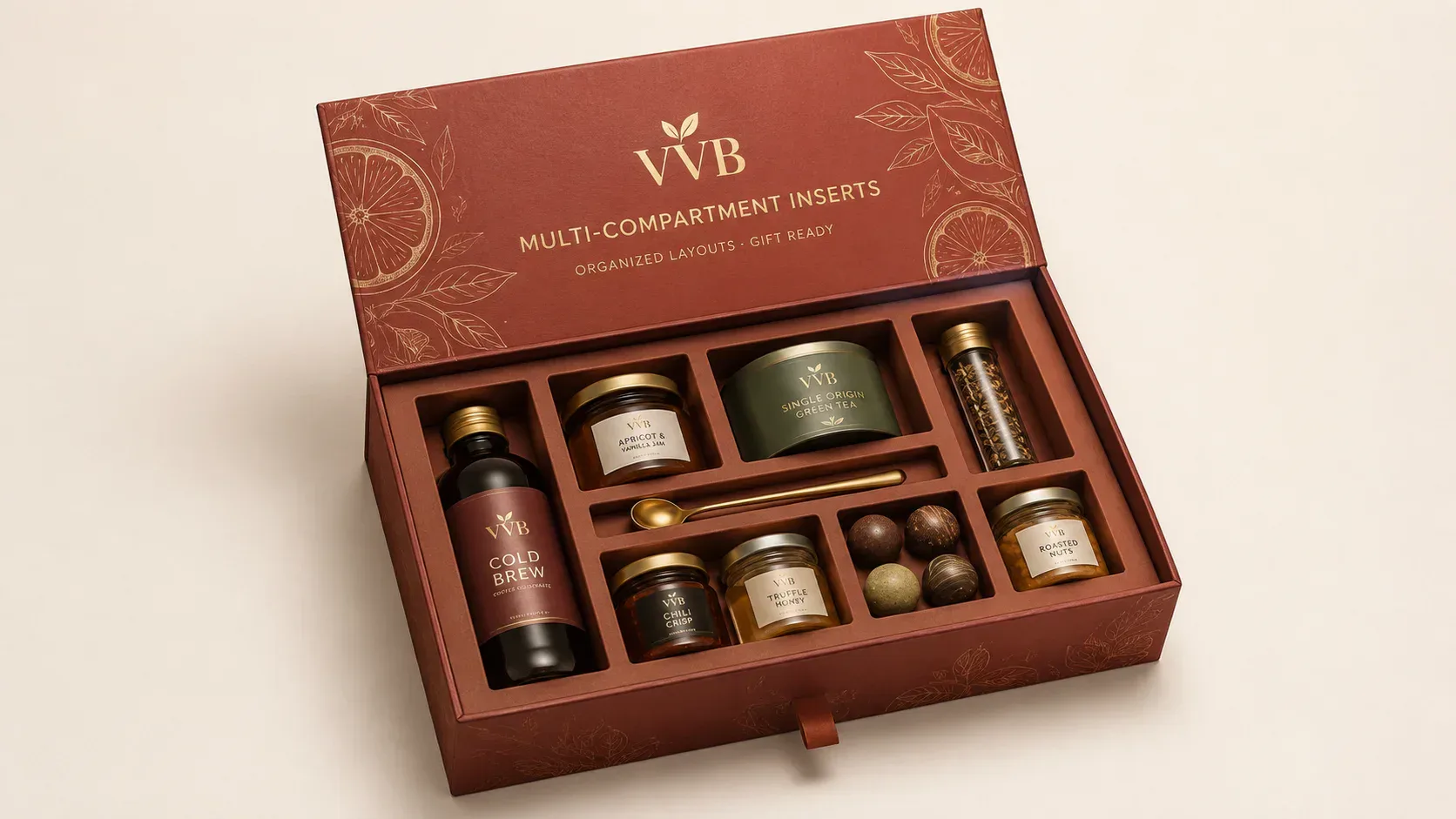 Multi-compartment insert for food gift boxes.