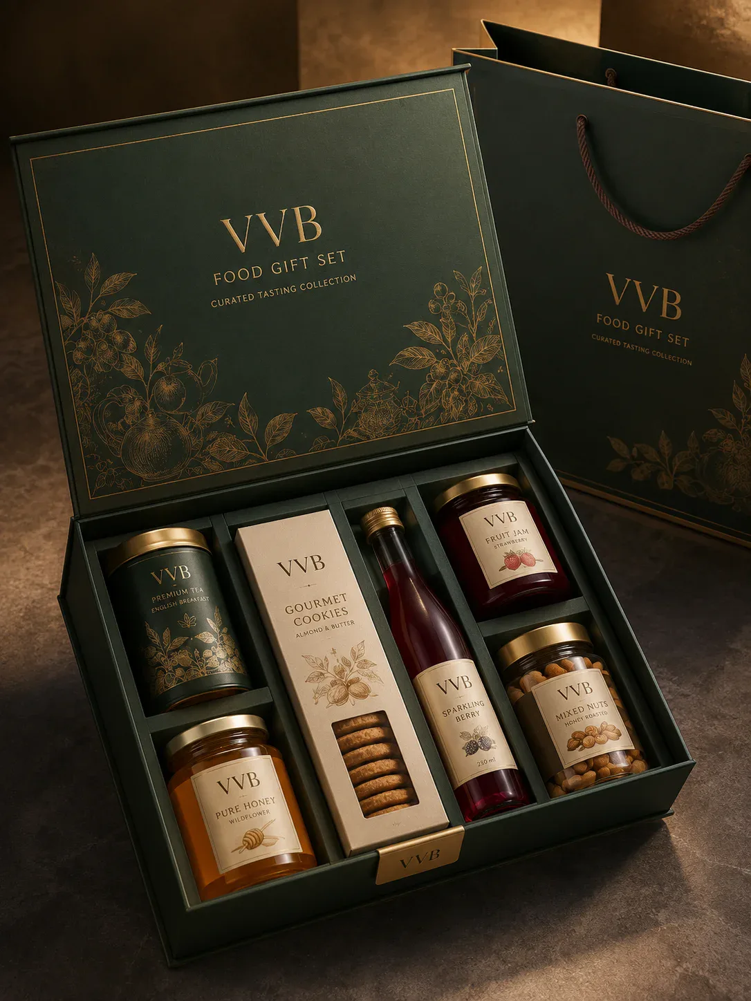 Curated food and beverage set packaging for gift and promotion programs.