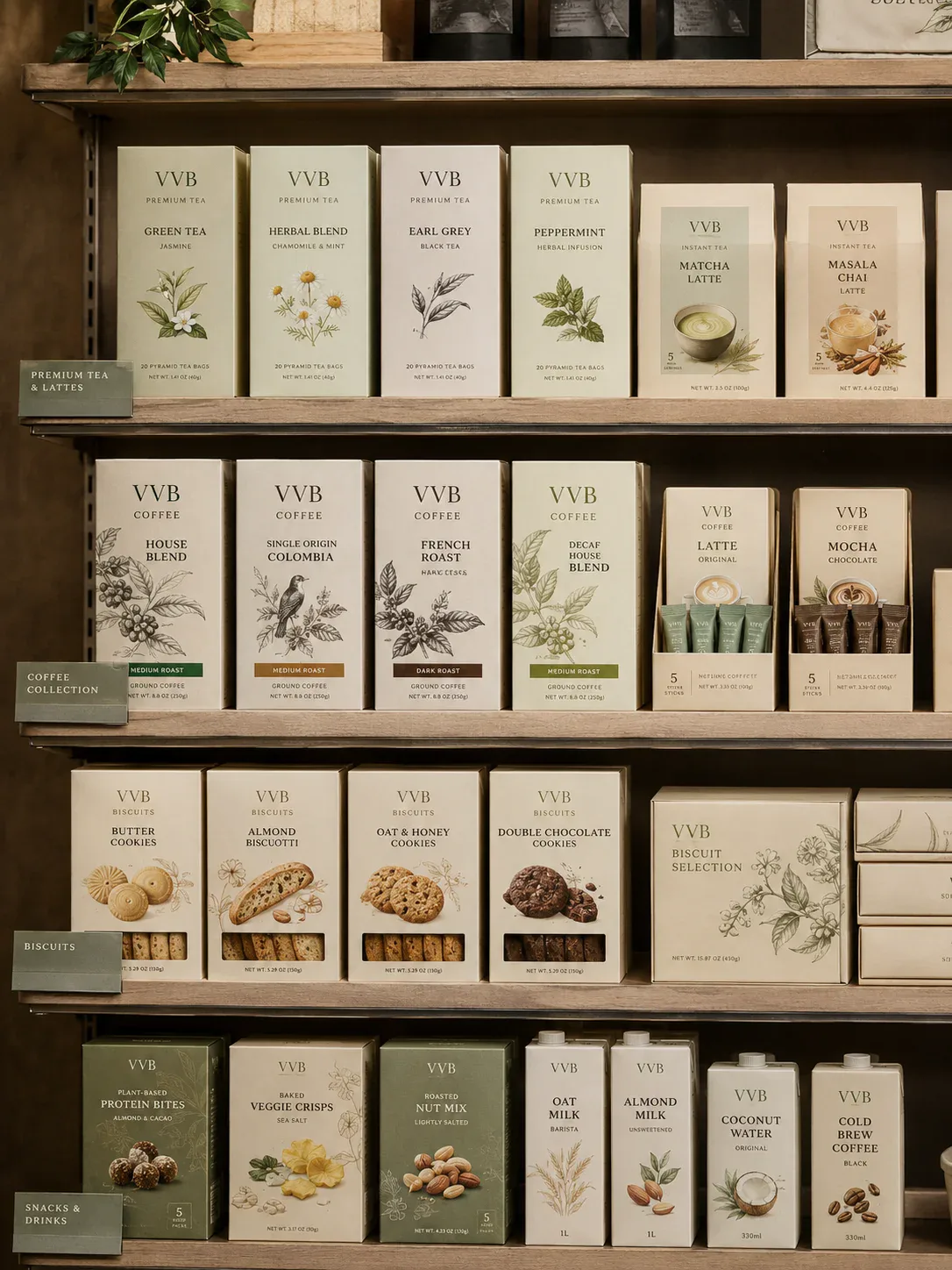 Retail shelf food packaging for supermarket and specialty store programs.
