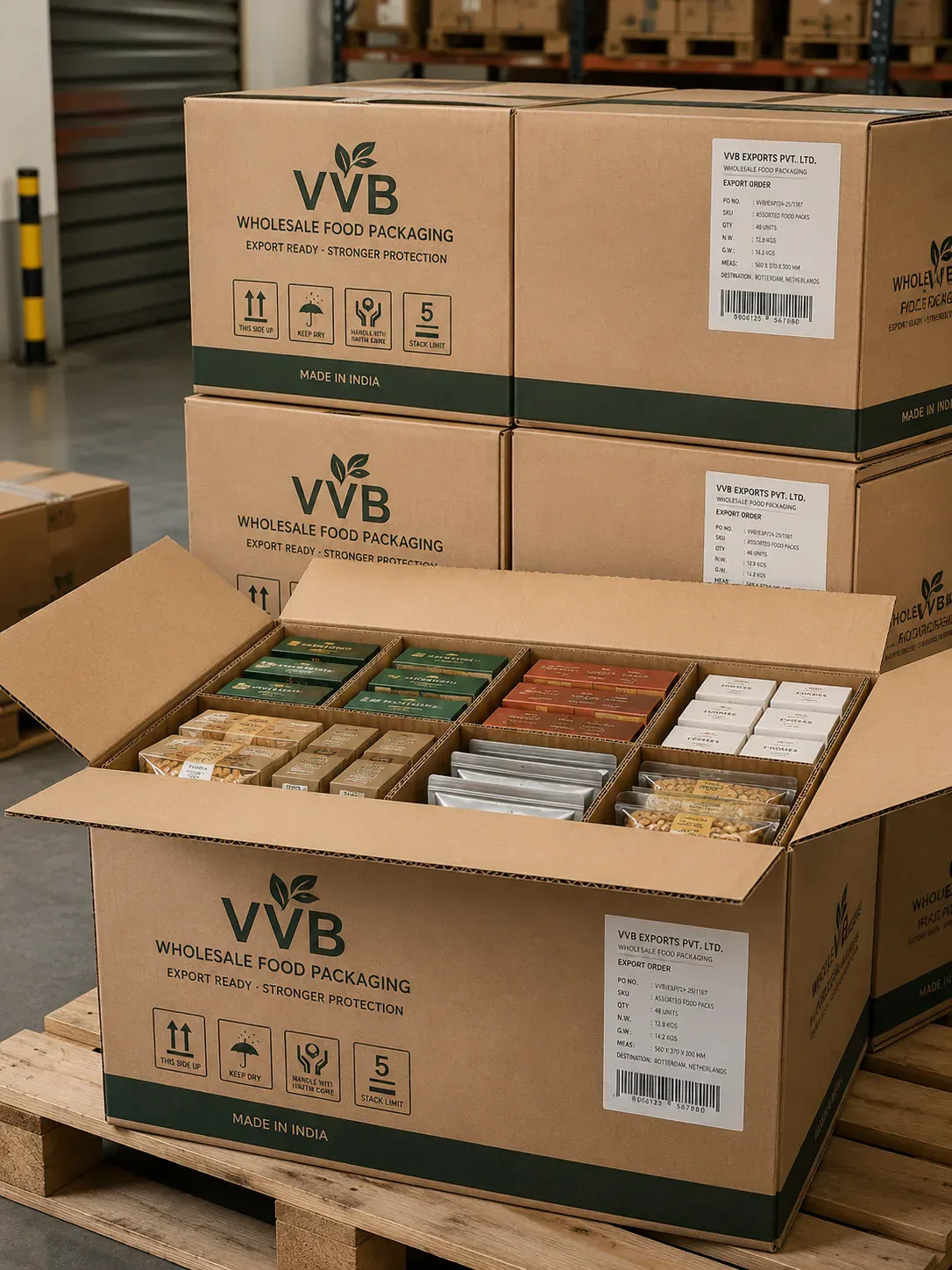 Export food packaging cartons and distribution-ready paper packaging.