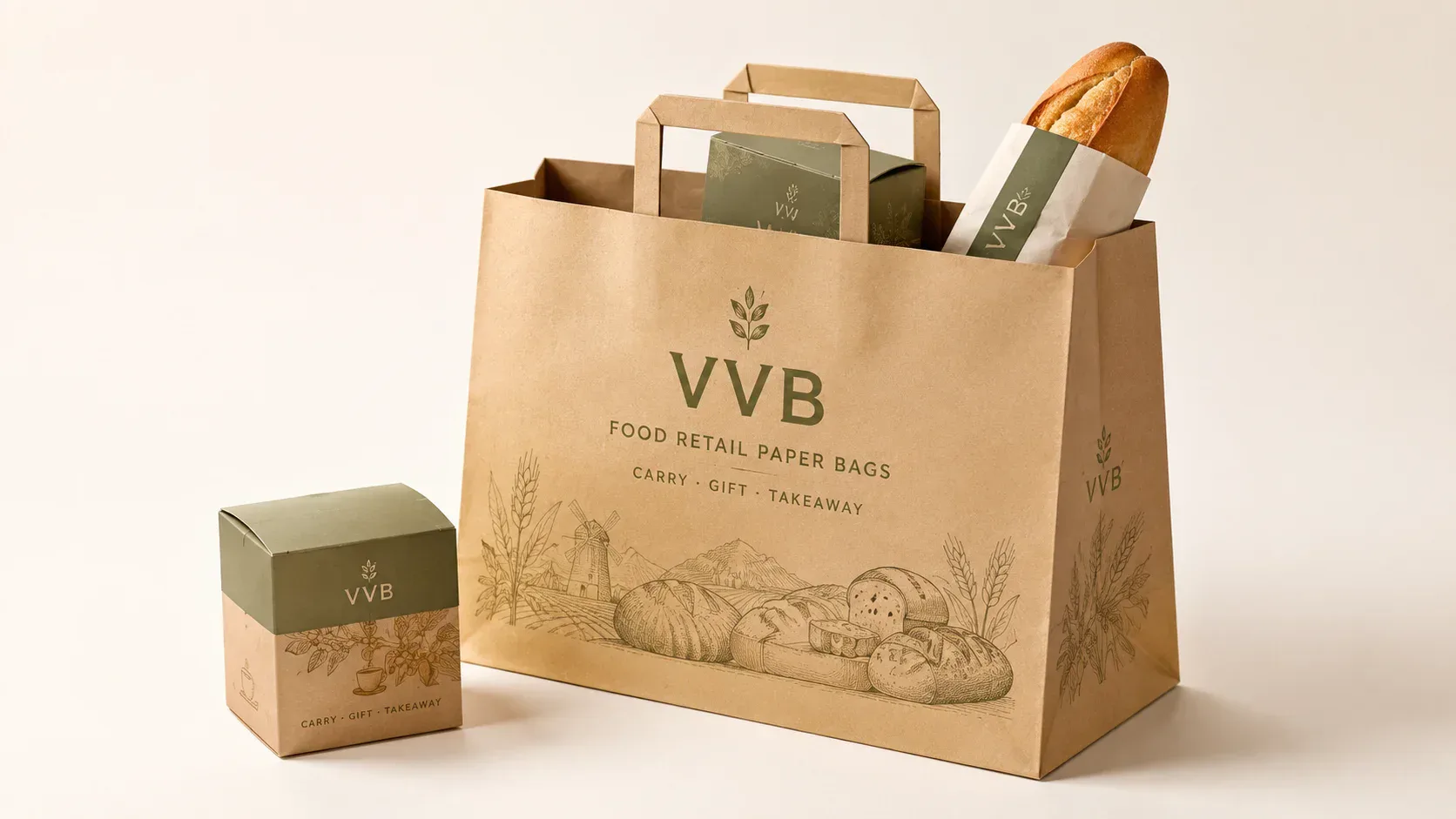 Paper bags for branded food retail and event packaging.