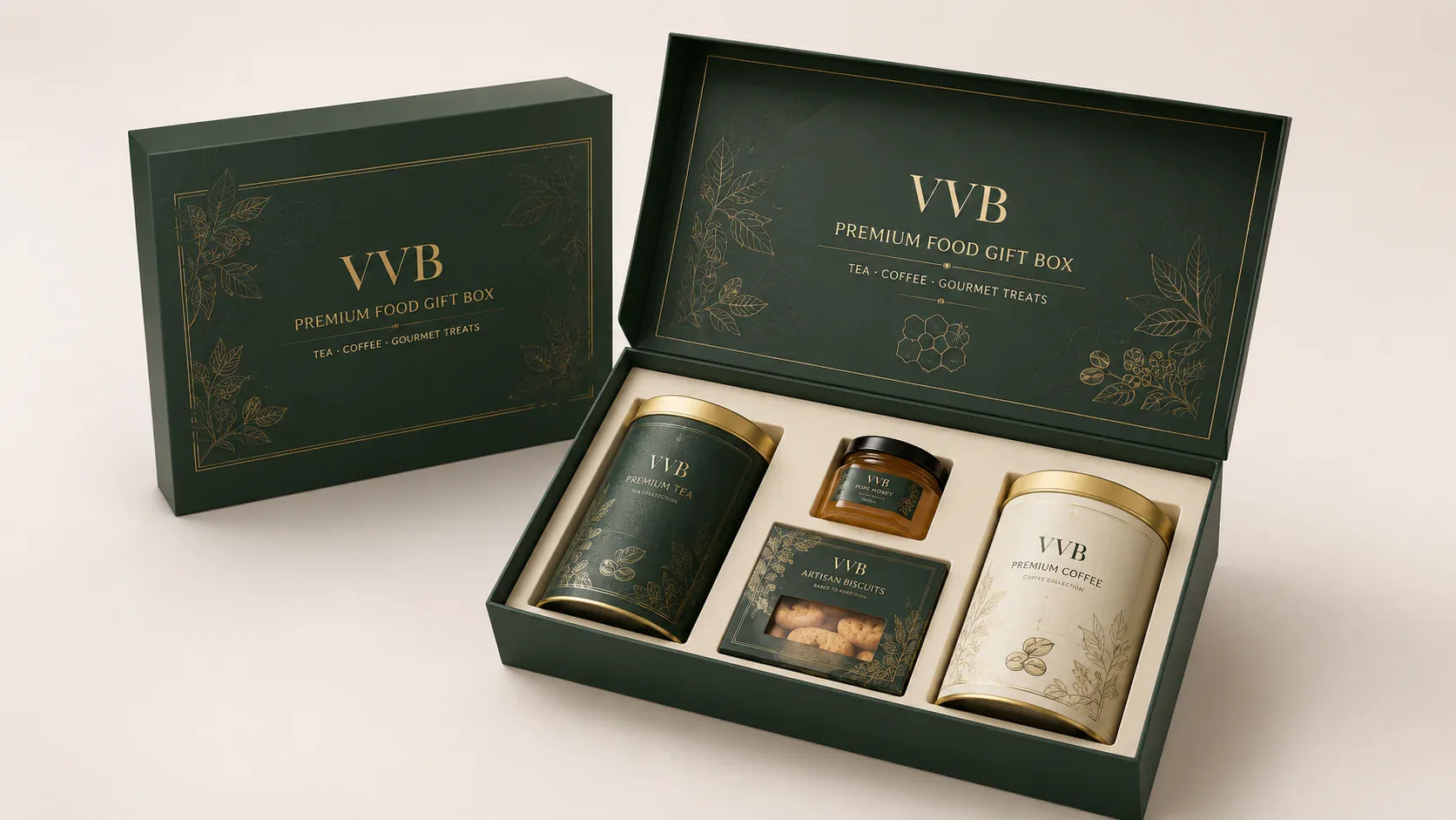 Rigid gift boxes for premium food and beverage gift packaging.