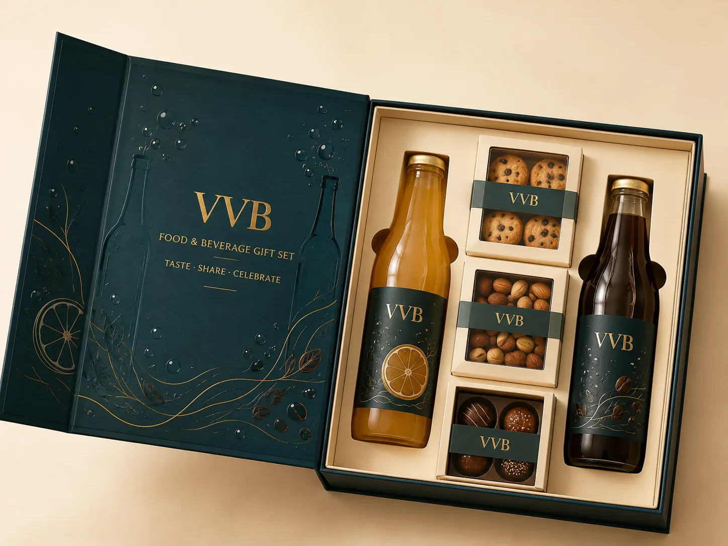 Food gift hamper boxes and curated beverage set packaging