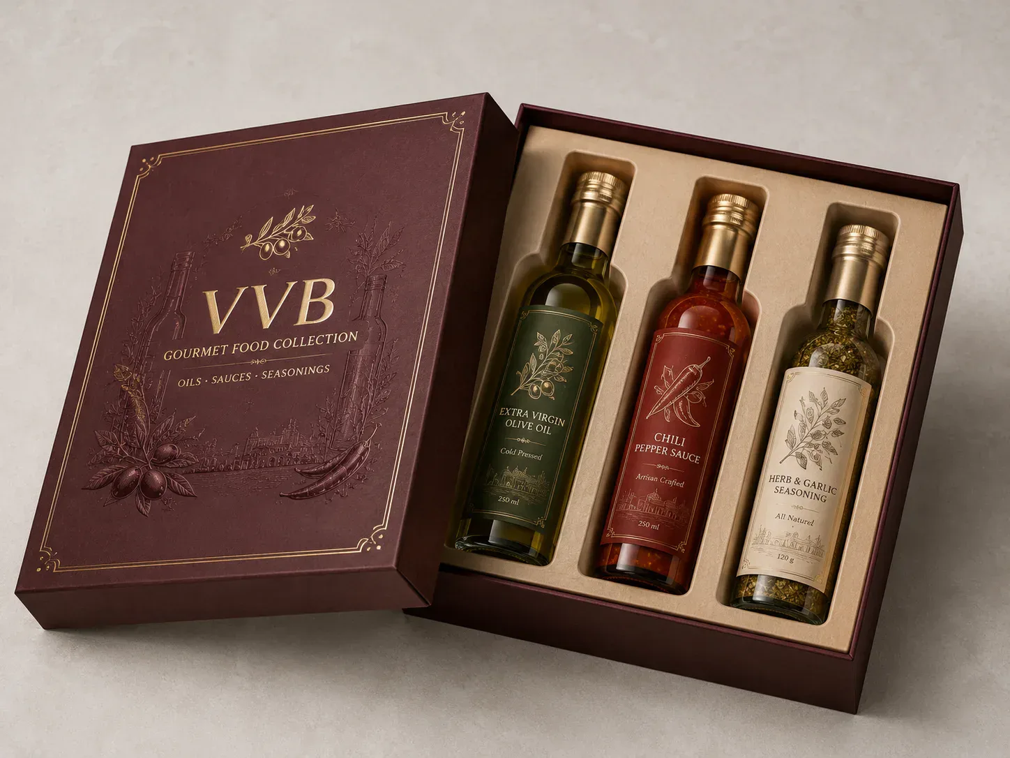 Gourmet and specialty food gift packaging with custom inserts