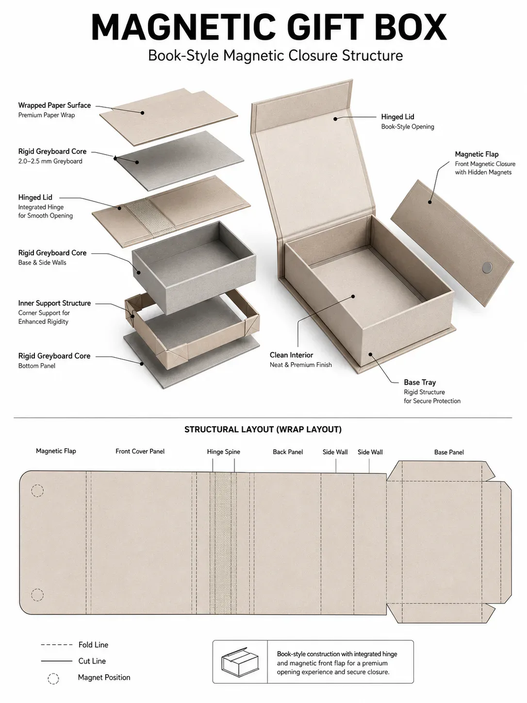 Structural exploded diagram of custom magnetic gift box with inserts and layers