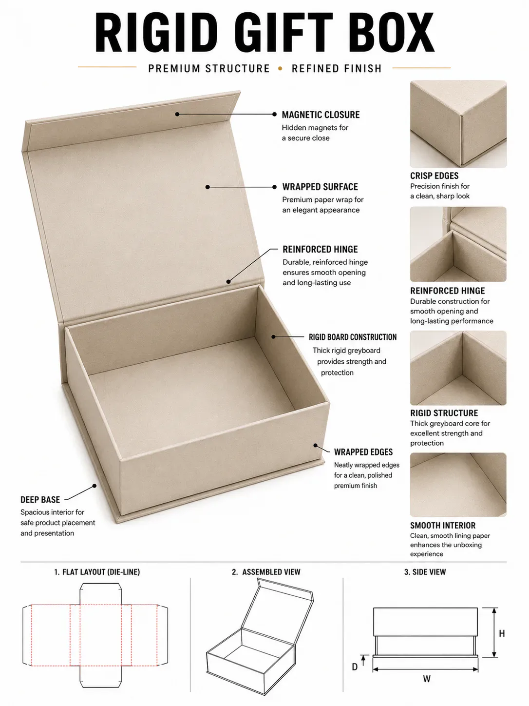 Structural diagram of a custom rigid gift box with greyboard structure, paper wrap, insert and finishing details