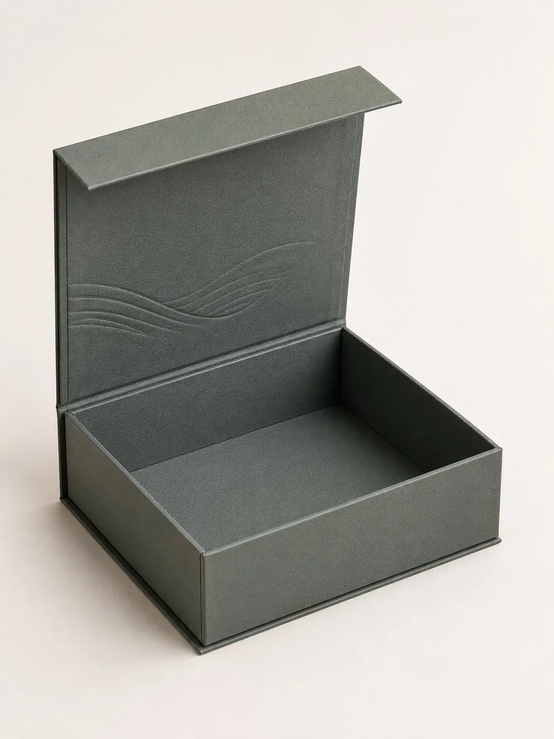Open rigid gift box showing premium structure, lining and interior detail